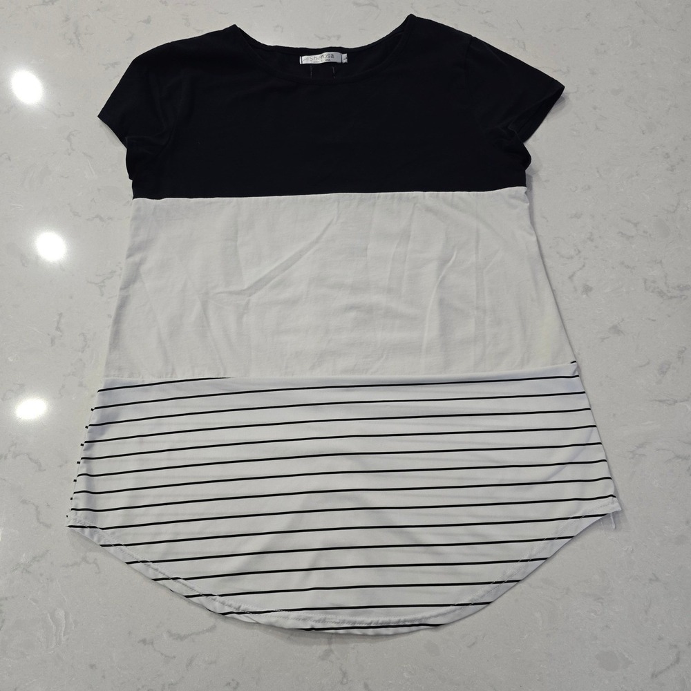 Sherosa Navy White Colorblock Striped Lace Back Short Sleeve Top Large